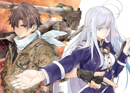 HD anime wallpaper featuring Shinei Nouzen and Vladilena Milizé from Eighty Six in dynamic poses with military and futuristic elements.