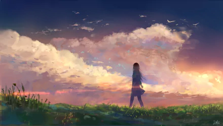 HD anime-style desktop wallpaper featuring a solitary figure standing on grassy terrain beneath a vibrant, colorful sunset sky.