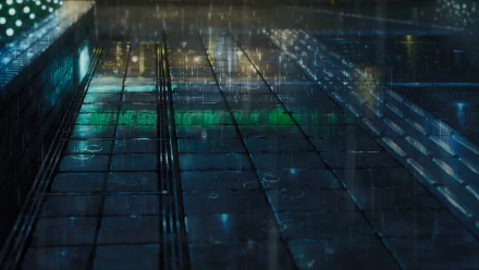 HD wallpaper from the anime The Garden of Words, featuring a rain-soaked urban scene with illuminated pathways.