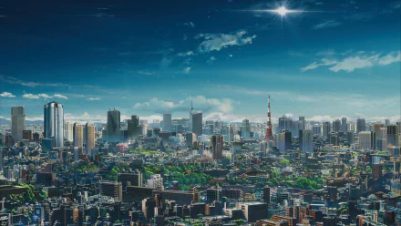 HD wallpaper featuring a detailed cityscape from the anime Your Name. The skyline is bathed in sunlight under a clear blue sky with a prominent star.