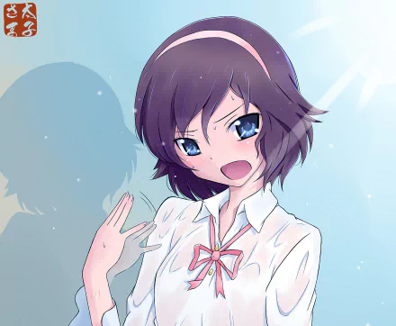 Anime-style HD desktop wallpaper featuring Ayumi Takahara from The World God Only Knows with short purple hair, blue eyes, and a white school uniform.