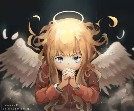 HD PC desktop wallpaper of Gabriel Tenma White from the anime Gabriel DropOut — angelic figure with halo, wings, clasped hands and piercing blue eyes.