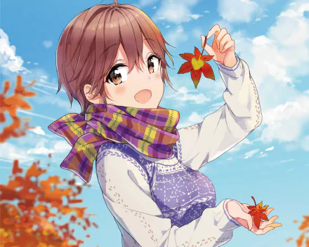 Tae Futaba (Masamune-kun's Revenge) anime portrait: smiling in a patterned sweater and plaid scarf, holding autumn leaves against a blue sky — HD PC desktop wallpaper/background.