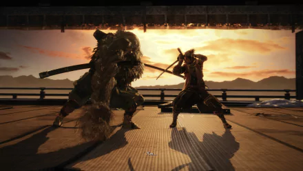 4K Ultra HD PC desktop wallpaper featuring a dynamic duel scene from the video game Sekiro: Shadows Die Twice at sunset.