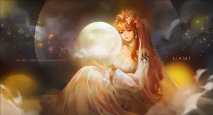 HD PC desktop wallpaper: Nami (One Piece) anime — bride-like Nami in a flowing gown, holding flowers before a glowing full moon, bathed in soft golden light and a dreamy background.