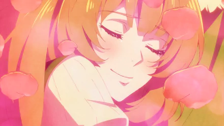 Anime character Raphtalia from The Rising of the Shield Hero smiles peacefully with eyes closed, surrounded by pink petals. This HD desktop wallpaper captures her serene expression beautifully.