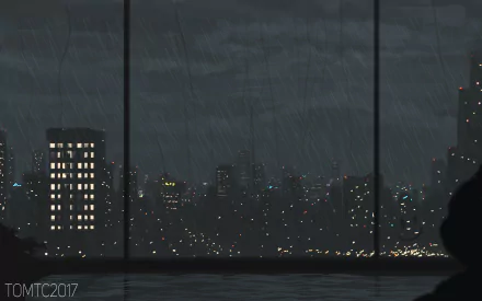 HD desktop wallpaper of a dark sci-fi cityscape at night, viewed through rain-speckled windows with illuminated futuristic buildings and distant glowing lights.