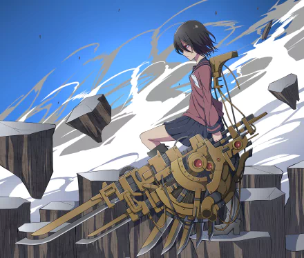 Anime original HD PC desktop wallpaper background: short dark-haired girl in a school uniform perched on a large brass mechanical gear amid floating rock pillars and swirling clouds under a blue sky.