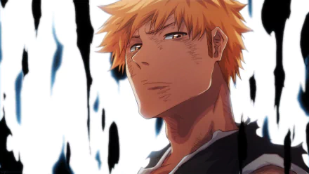 Close-up of Ichigo Kurosaki from Bleach, intense gaze with stylized black-and-white flame background — HD anime PC desktop wallpaper.