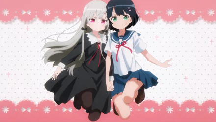 HD anime desktop wallpaper featuring Sophie Twilight and another character from Tonari no Kyuuketsuki-san, set against a pink and white patterned background.