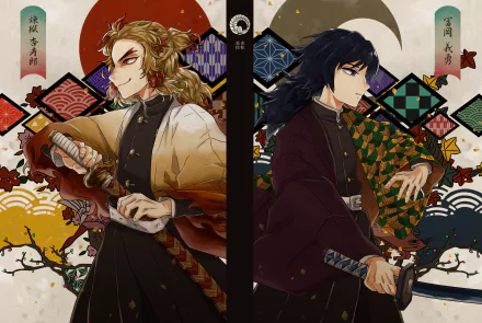 4K Ultra HD anime wallpaper featuring Giyuu Tomioka and Kyojuro Rengoku from Demon Slayer: Kimetsu no Yaiba with vibrant traditional Japanese patterns in the background.