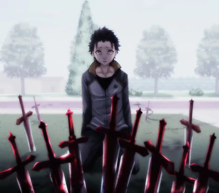 HD anime desktop wallpaper featuring Subaru Natsuki from Re:Zero - Starting Life in Another World, standing amidst numerous swords with a misty background.