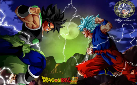 8K Ultra HD PC desktop wallpaper/background anime scene: Goku and Broly (Dragon Ball) clash amid green energy and lightning — Dragon Ball Super: Broly.