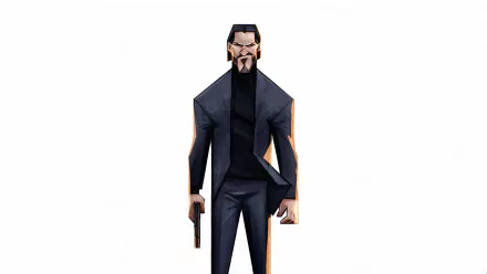 Stylized HD PC desktop wallpaper featuring Keanu Reeves as John Wick, holding a gun in a sleek black suit against a white background.