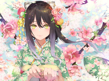 HD anime wallpaper featuring Shiori Kashiwazaki from Princess Connect! Re:Dive, surrounded by vibrant pink cherry blossoms in a detailed, colorful background.