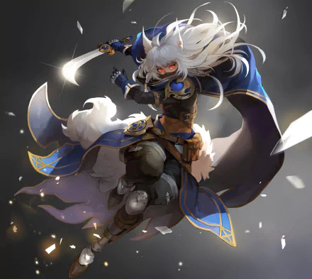 Anime warrior with white hair and glowing red eyes, dressed in intricate blue and gold armor, poised for battle in a dynamic 4K Ultra HD PC desktop wallpaper.