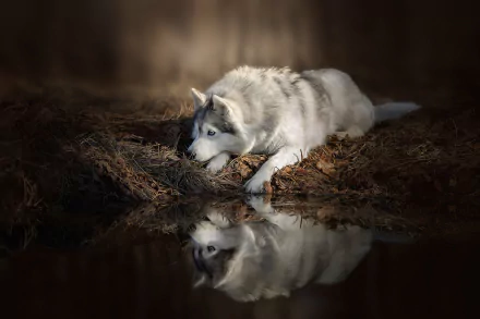 HD desktop wallpaper featuring a wolfdog resting beside a reflective water surface, capturing its mirrored image in a natural, dimly lit setting.