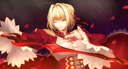 HD PC desktop wallpaper featuring Nero Claudius, the Red Saber from Fate/Grand Order, with fiery red and gold tones and dynamic, flowing details.