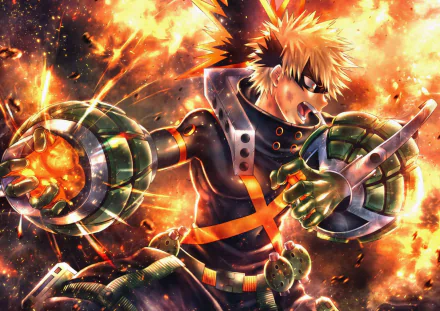 HD PC desktop wallpaper featuring Katsuki Bakugou from My Hero Academia in dynamic action with explosive fiery effects.