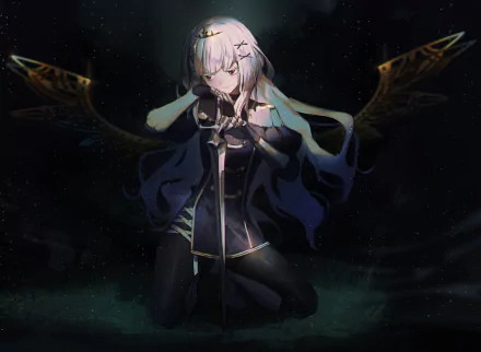 Anime-style original character kneeling with a sword, dark ethereal wings, and soft glowing accents, rendered in 4K Ultra HD for PC desktop wallpaper and background.