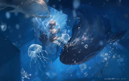 HD underwater anime wallpaper featuring a brown-haired character surrounded by jellyfish, a shark, and a whale.