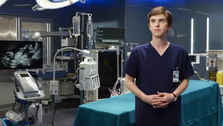 HD wallpaper of Freddie Highmore in The Good Doctor standing confidently in a medical setting.