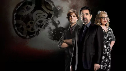 HD desktop wallpaper featuring three Criminal Minds characters with a background of clockwork gears.