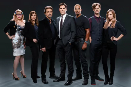 HD desktop wallpaper featuring the main cast of Criminal Minds posing confidently against a dark background.