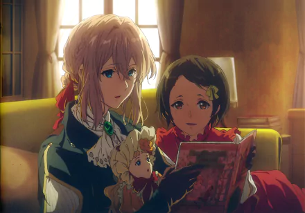 Anne Magnolia and Violet Evergarden from the anime Violet Evergarden share a quiet moment reading together in this detailed 4K Ultra HD PC desktop wallpaper.