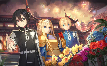 Eugeo, Alice Zuberg, and Kirito from Sword Art Online: Alicization stand amid vibrant flowers and fireworks, showcasing their distinct armor, black hair, blonde hair, and green and blue eyes.