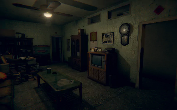HD wallpaper featuring a dimly lit vintage room with a retro TV, symbolizing the game Devotion.