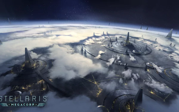 HD wallpaper featuring a Stellaris Megacorp cityscape with futuristic buildings amidst clouds, viewed from orbit.