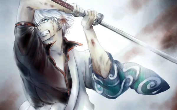 HD anime wallpaper featuring Gintoki Sakata from Gintama, wielding a sword with intense expression and dynamic smoke effects in the background.