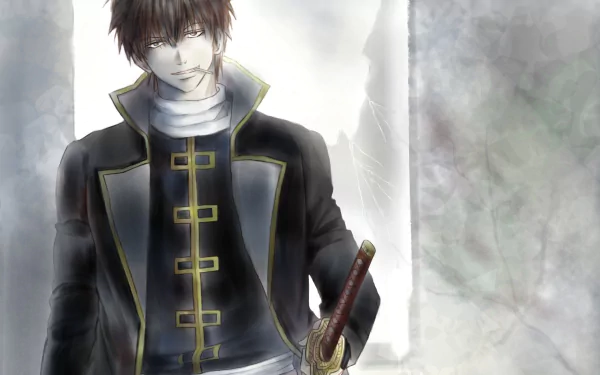 HD PC desktop wallpaper featuring Hijikata Toshizō from the anime Gintama, depicted holding a sword with a dark, moody background.