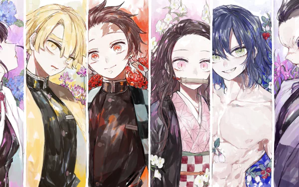 HD desktop wallpaper featuring characters from Demon Slayer: Kimetsu no Yaiba - Zenitsu Agatsuma, Tanjiro Kamado, Nezuko Kamado, Inosuke Hashibira, Genya Shinazugawa, and Kanao Tsuyuri.
