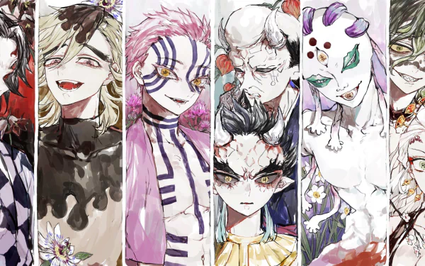 HD PC desktop wallpaper featuring Daki and Kokushibo from the anime Demon Slayer: Kimetsu no Yaiba, showcasing detailed character portraits in vibrant colors.