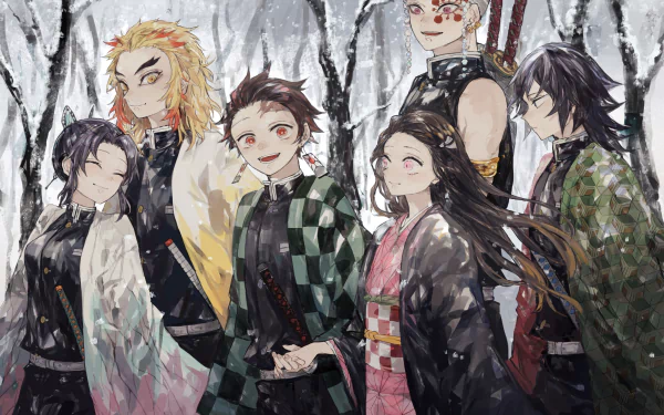 HD desktop wallpaper featuring Demon Slayer: Kimetsu no Yaiba characters Kyojuro Rengoku, Tengen Uzui, Giyuu Tomioka, Shinobu Kochou, Nezuko Kamado, and Tanjiro Kamado in a snowy setting.