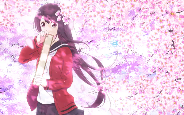 Anime HD wallpaper of Nanako Yukishiro from Senryuu Girl with long purple hair in a school uniform, surrounded by blooming cherry blossoms.