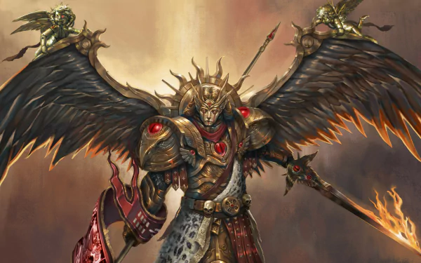 HD PC desktop wallpaper featuring a Warhammer 40k character with dark wings, ornate armor, and a fiery background, capturing the game's intense and epic atmosphere.