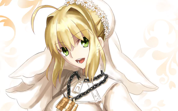 HD anime desktop wallpaper featuring Nero Claudius from Fate/Grand Order, showcasing her with green eyes, blonde hair, and a white outfit with a chain accessory.