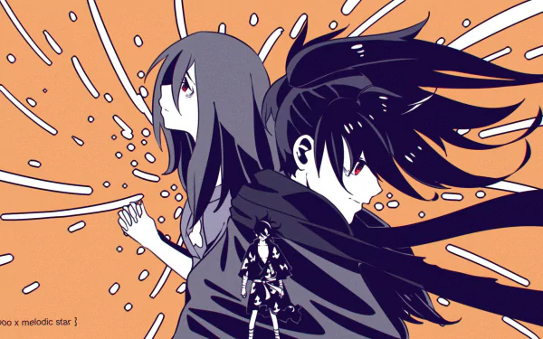 HD anime desktop wallpaper featuring Mio and Hyakkimaru from Dororo, with dynamic poses and an orange background highlighting the characters' intense expressions.