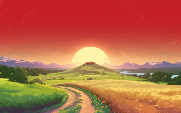 path sunset bush road mountain sun grass hill artistic landscape HD Desktop Wallpaper | Background Image