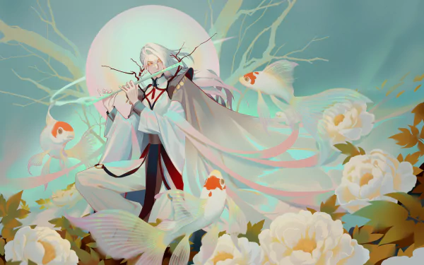 yellow eyes long hair flute fish white hair Anime Original HD Desktop Wallpaper | Background Image