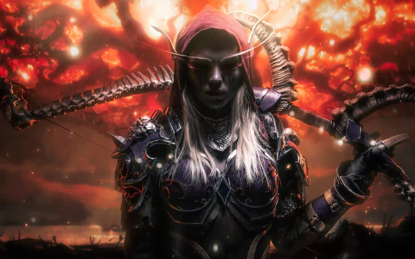 HD desktop wallpaper of Sylvanas Windrunner, the dark elf warrior from World of Warcraft, depicted with glowing eyes and a fiery background.