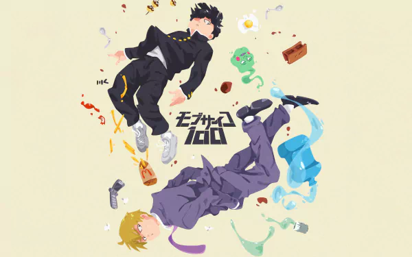 HD desktop wallpaper featuring characters from Mob Psycho 100: Shigeo Kageyama, Arataka Reigen, and Ekubo, floating with various objects around them against a light background.