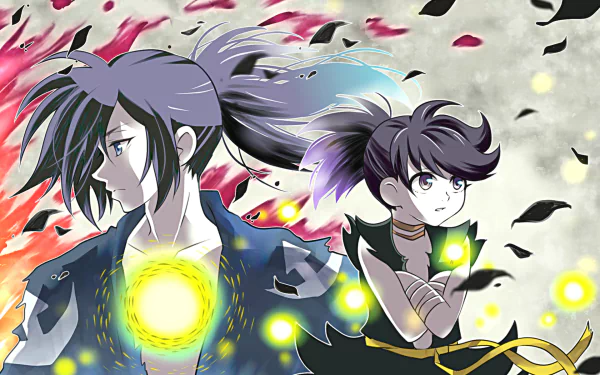HD anime desktop wallpaper featuring Dororo and Hyakkimaru from Dororo, with glowing orbs and vibrant falling petals in the background.