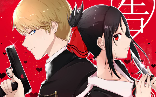 HD desktop wallpaper featuring Miyuki Shirogane and Kaguya Shinomiya from the anime Kaguya-sama: Love is War, set against a red background with hearts.