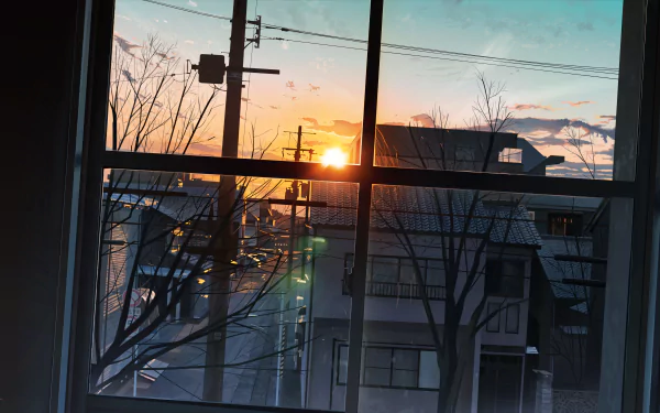 A high-definition anime wallpaper featuring a serene sunset view from a window overlooking rooftops and power lines against a pastel sky.