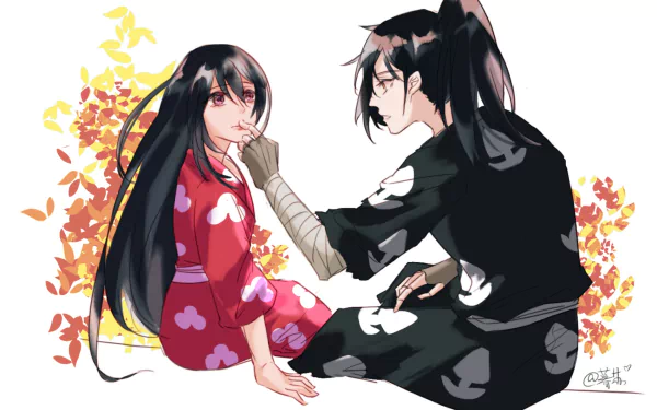 HD anime desktop wallpaper featuring Hyakkimaru and Mio from Dororo, with vibrant autumn leaves in the background.