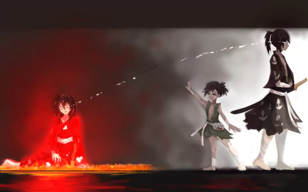 HD anime desktop wallpaper featuring Mio, Hyakkimaru, and Dororo from the series Dororo, blending dynamic poses with vibrant red and dark tones.